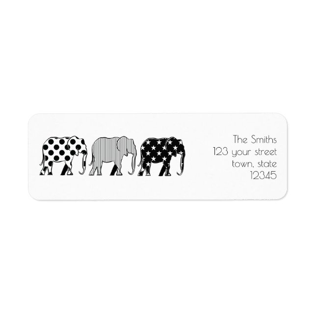 Étiquette Eléphants Motif, Moderne, Noir et Blanc (Devant)