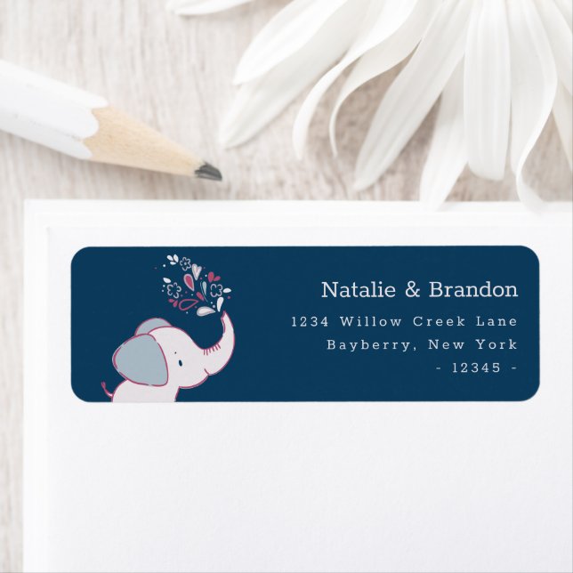 Étiquette Elephants Pink Navy & Dusty Blue Adresse de retour (En situation)