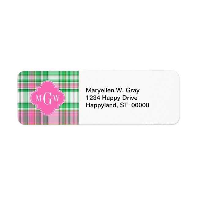 Étiquette Emerald Green Hot Pink Wht Preppy Madras (Devant)
