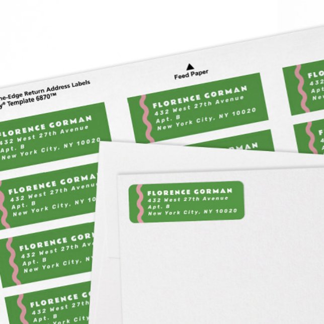 Étiquette Encadré vert et rose brillant Adresse de retour (trendy wavy line green and pink modern return address labels by the sheet)