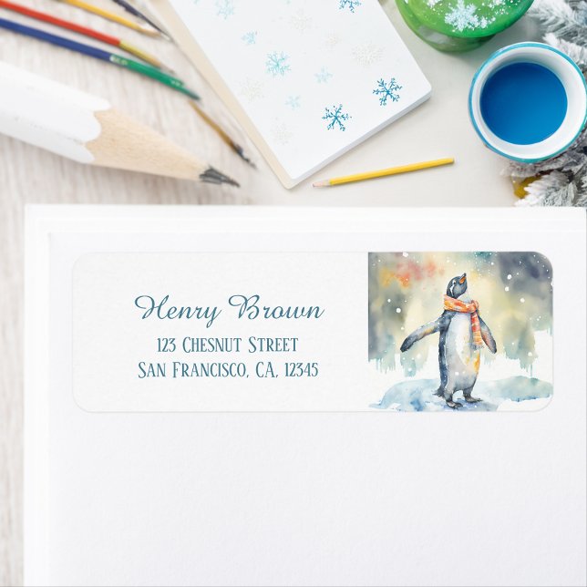 Étiquette Enfants Hiver Aquarelle Penguin Adresse de retour (Créateur téléchargé)
