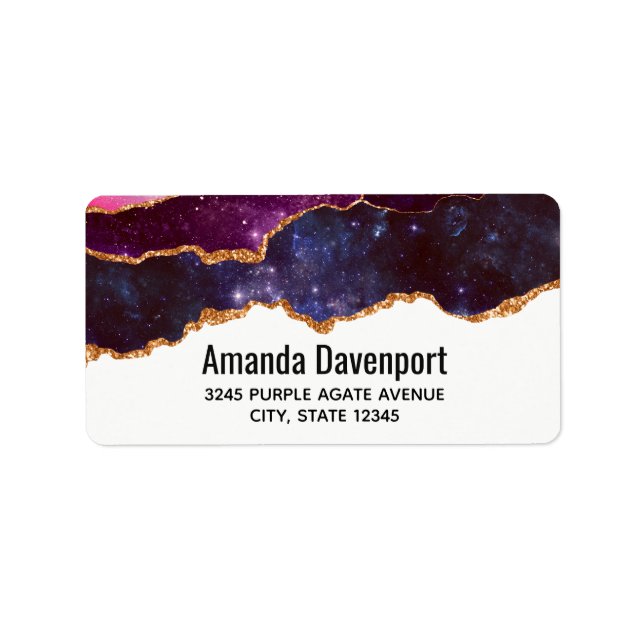 Étiquette Espace bleu et violet et étoiles avec ruban or (Devant)