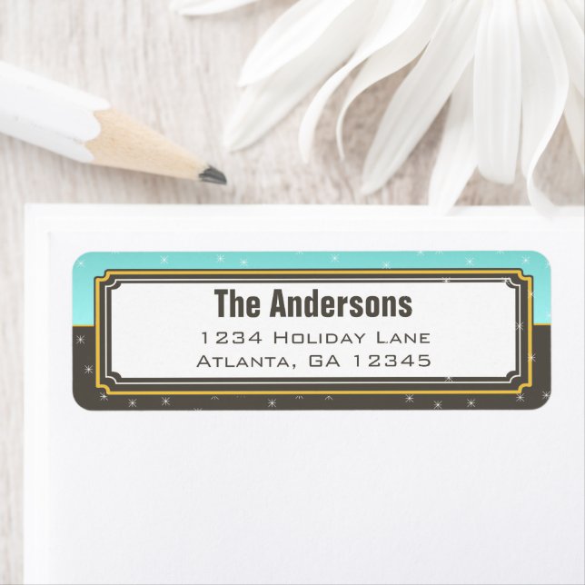 Étiquette Etoiles de Noël Aqua et Grey Adresse de retour (En situation)