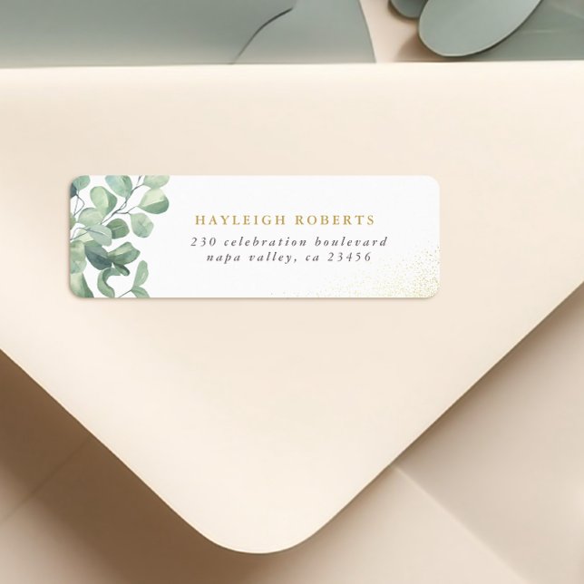 Étiquette Eucalyptus Green & Gold Nom Adresse de retour (Return Address Label Mock-up)