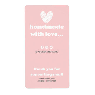 Étiquette Fabriqué à la main avec le coeur d'amour rose blan