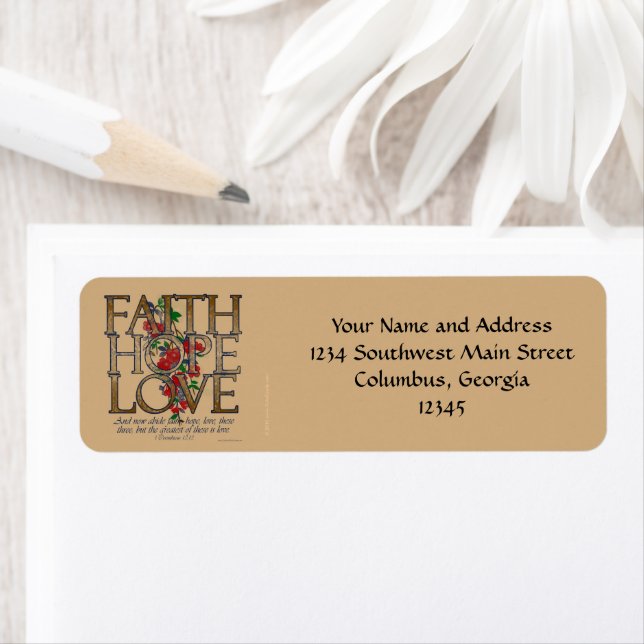 Étiquette Faith Hope Love, Design Floral Avec Verse Bible (En situation)