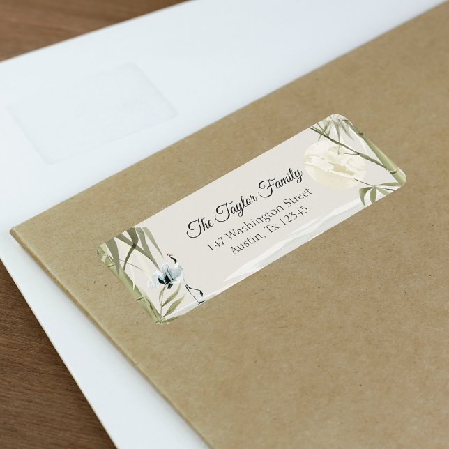 Étiquette Famille de grue de bambou orientale élégante (Elegant Oriental Bamboo Crane Family Label)