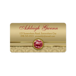 Étiquette Faux Dark Ruby Red Gemstone Metallic Gold Damask