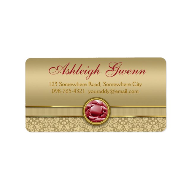 Étiquette Faux Dark Ruby Red Gemstone Metallic Gold Damask (Devant)
