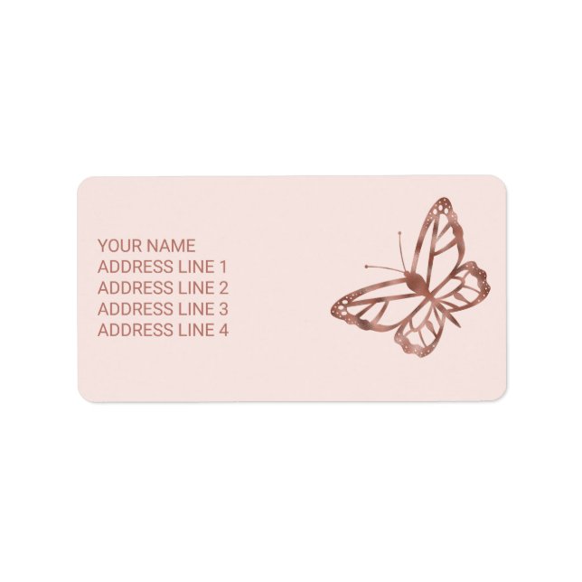 Étiquette Faux Rose Gold Foil Look Papillon et texte personn (Devant)