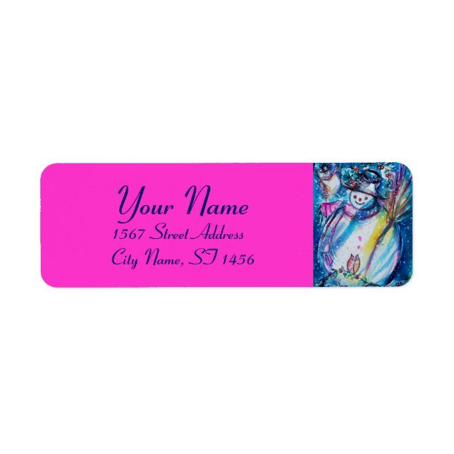 Étiquette FEMME DE NEIGE AVEC OWL Blue Pink Fuchsia Noël (Devant)