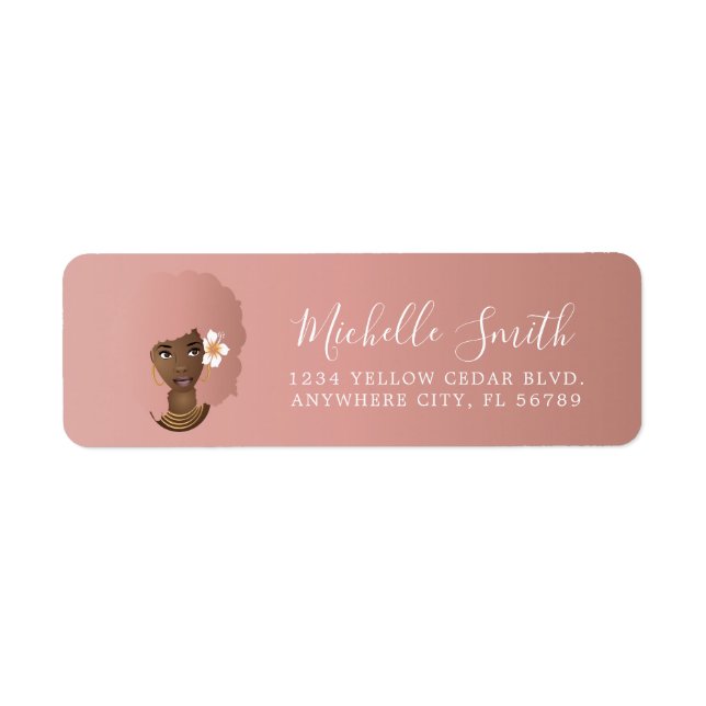 Étiquette Femme Noire, Cheveux Rose Naturel Afro Avec Fleur (Devant)