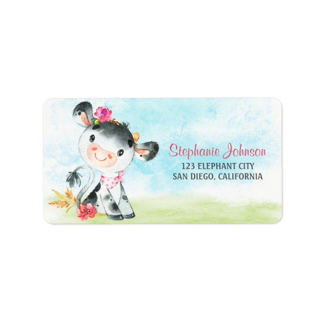 Étiquette Ferme de Baby shower de Vache de fille aquarelle (Devant)