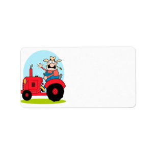 Étiquette fermier à dessin animé sur un tracteur rouge