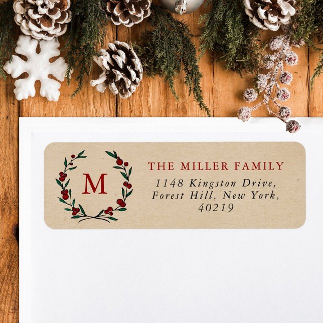 Étiquette Festive Christmas Monogram Wreath Holiday (Créateur téléchargé)