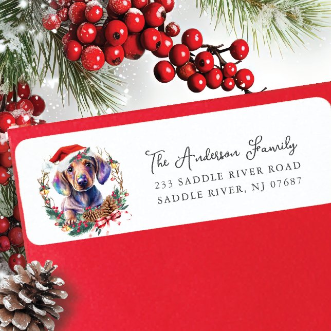 Étiquette Festive Dachshund Chien à Santa Hat Adresse de ret (Créateur téléchargé)