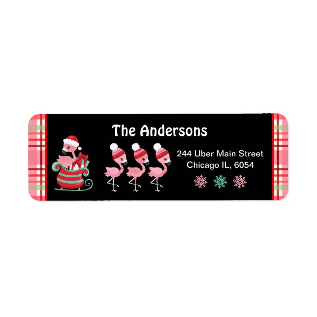 Étiquette Festive Flamingos and Pink Plaid (Devant)