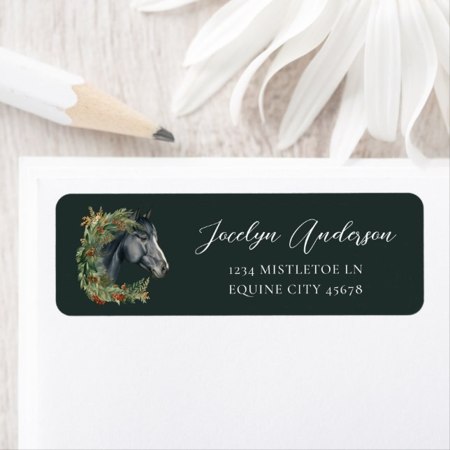 Étiquette Festive Green Horse Christmas Wreath Address (En situation)