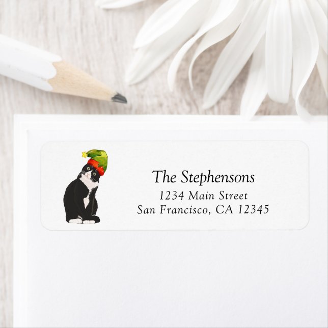 Étiquette Festive Noël noir blanc chat Adresse de retour (En situation)