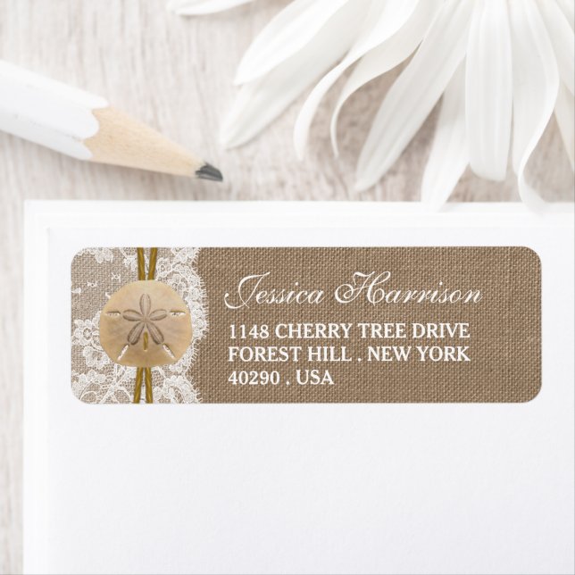 Étiquette Fête des mariées de plage Burlap, Lace & Sand Doll (En situation)