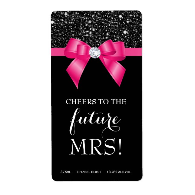 Étiquette Fête des mariées Pink Bow Black Sequins Vins Étiqu (Devant)