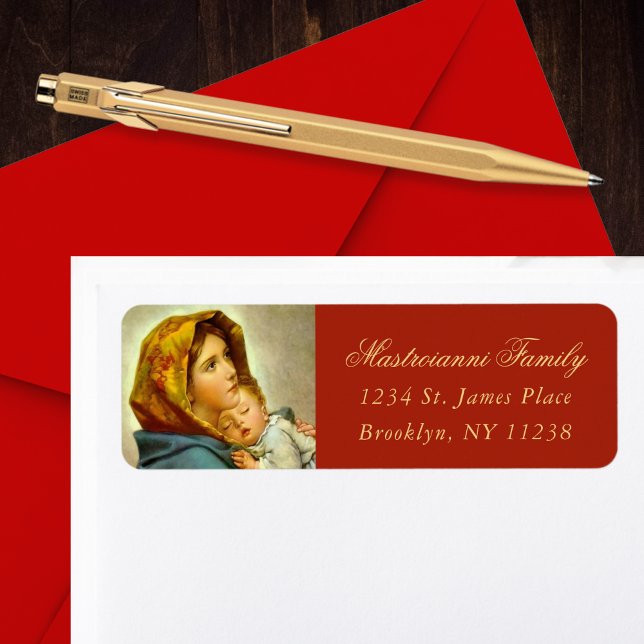 Étiquette Fêtes de Noël de Madonna et de l'enfant religieuse (Madonna & Child religious Christmas card return address label in red and gold for Christians.)
