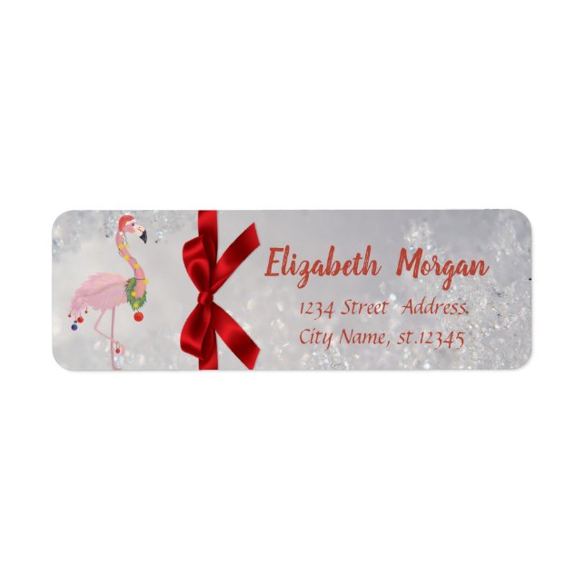 Étiquette Flamant Rose Avec Chapeau De Père Noël Argent, Nœu (Devant)