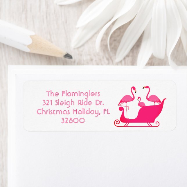 Étiquette Flamant rose Christmas Sleigh Ride (En situation)