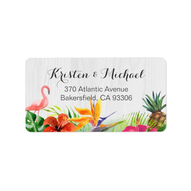 Étiquette Flamant rose floral tropical Ananas Bois rustique (Devant)