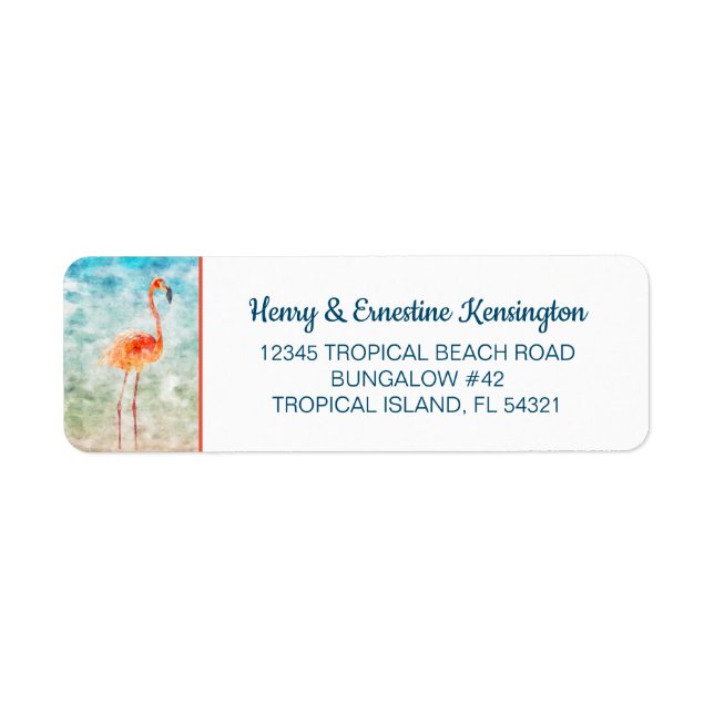 Étiquette Flamant rose rose | Plage tropicale (Devant)