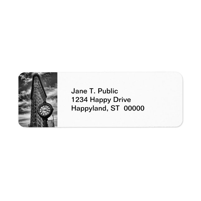 Étiquette Flatiron Building et horloge en noir et blanc (Devant)