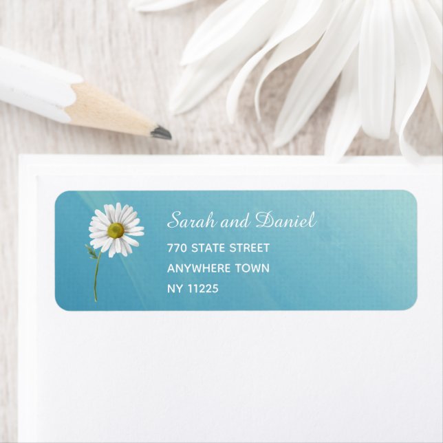 Étiquette Fleur blanc sur Turquoise bleu Elegant Adresse (En situation)