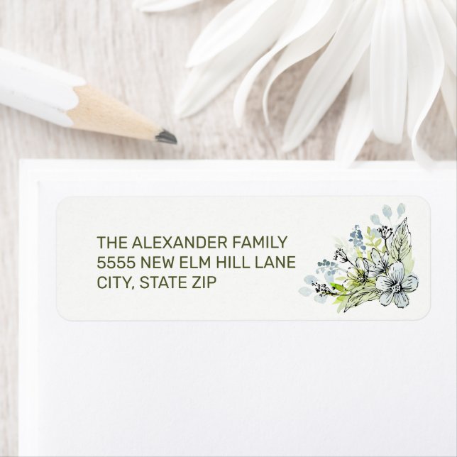 Étiquette Fleurs Aquarelles Bleues Dessinées À La Main Vert (En situation)