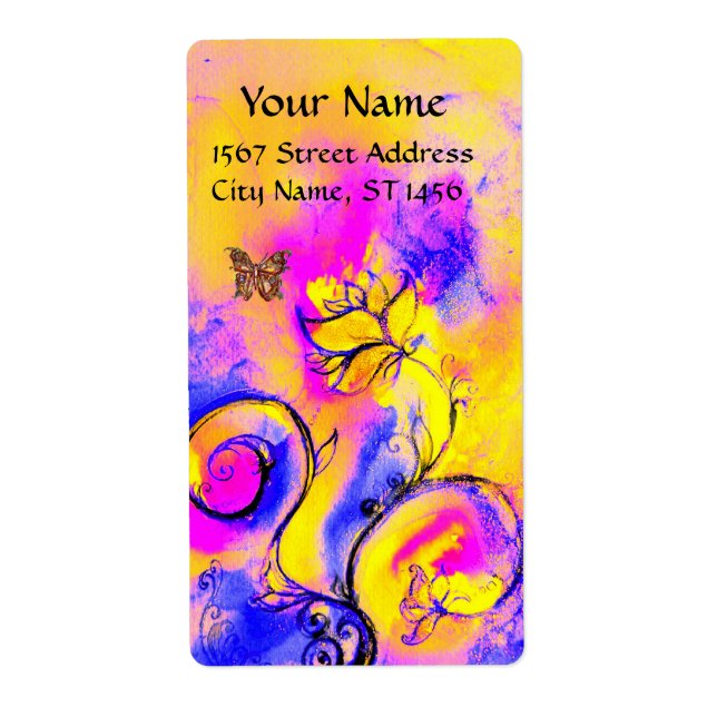 Étiquette FLEURS BLANCHES & BOUTEILLE bleu rose jaune (Devant)