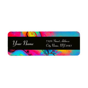 Étiquette FLEURS BLANCHES & BOUTEILLE bleu rose jaune