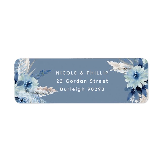Étiquette Fleurs bleues Dusty modernes Retour Adresse Mariag (Devant)
