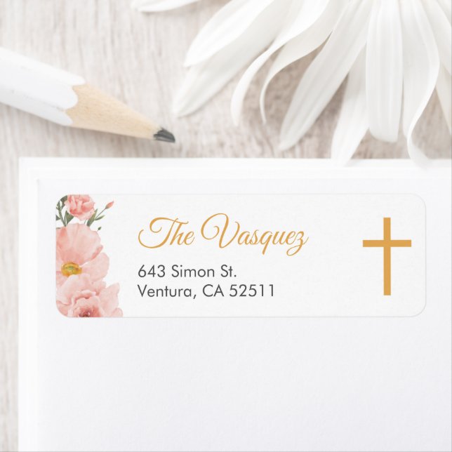 Étiquette Fleurs d'Aquarelle rose Première communion sainte  (En situation)