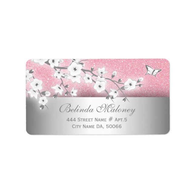 Étiquette Fleurs de cerisier Parties scintillant rose Argent (Devant)