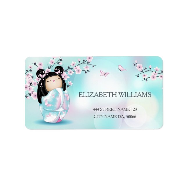 Étiquette Fleurs de cerisiers de poupées Kokeshi (Devant)