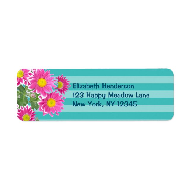 Étiquette Fleurs de marguerite rose fraîche sur bandes Turqu (Devant)