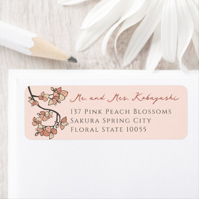 Étiquette Fleurs de rose Peach Rose Adresse du Mariage asiat (En situation)