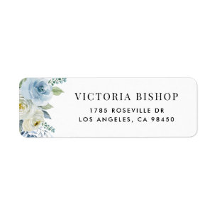 Étiquette Fleurs et feuillage à l'aquarelle bleue et blanche