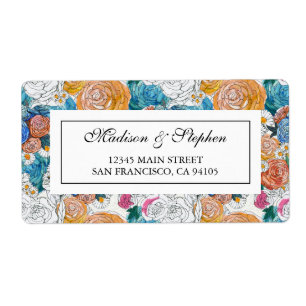 Étiquette Fleurs peintes à la main bleu et orange - Mariage