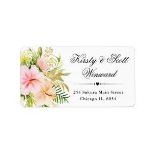 Étiquette Fleurs tropicales roses aquarelle adresse