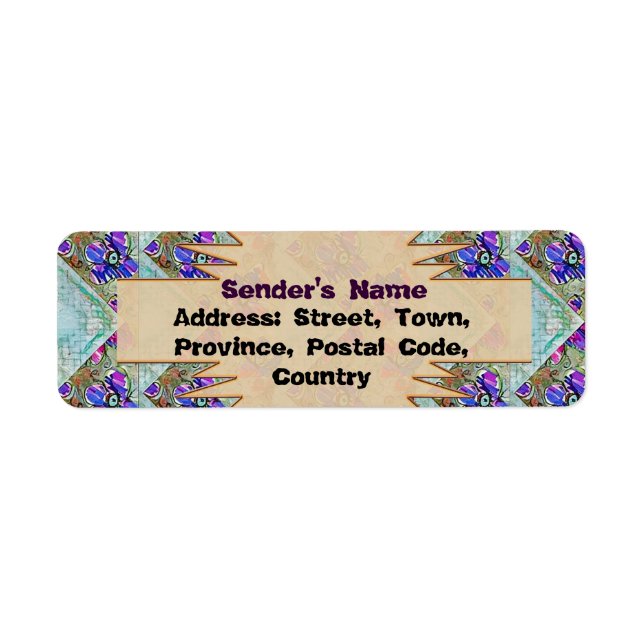 Étiquette Fleurs violettes et bleues Carrés Zigzags (Devant)