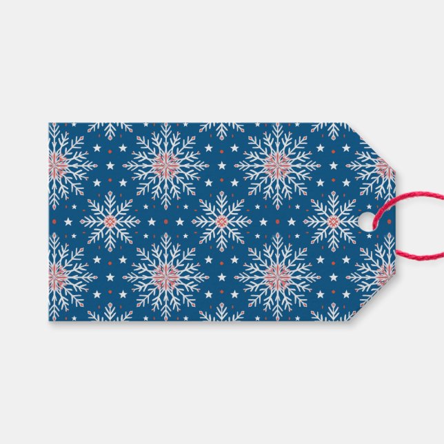 Étiquette flocon de neige de Noël rouge blanc bleu (Devant (Horizontal))