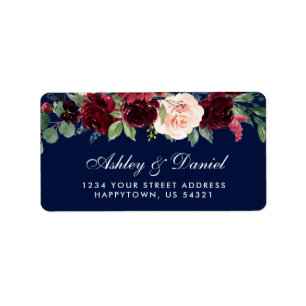 Étiquette Floral Aquarelle Bourgogne Blue Mariage Adresse