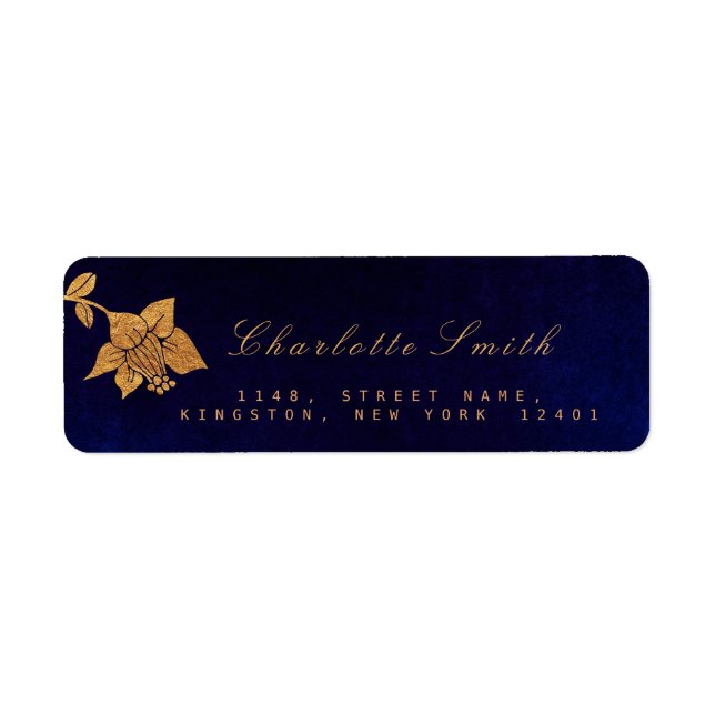 Étiquette Floral Blue Navy Golden Foil Retourner l'adresse É (Devant)