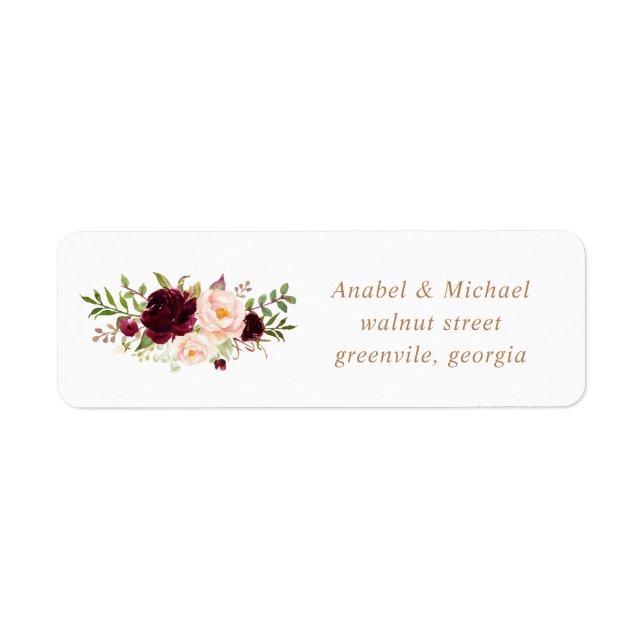 Étiquette Floral Blush Bourgogne Élégante Adresse de mariage (Devant)
