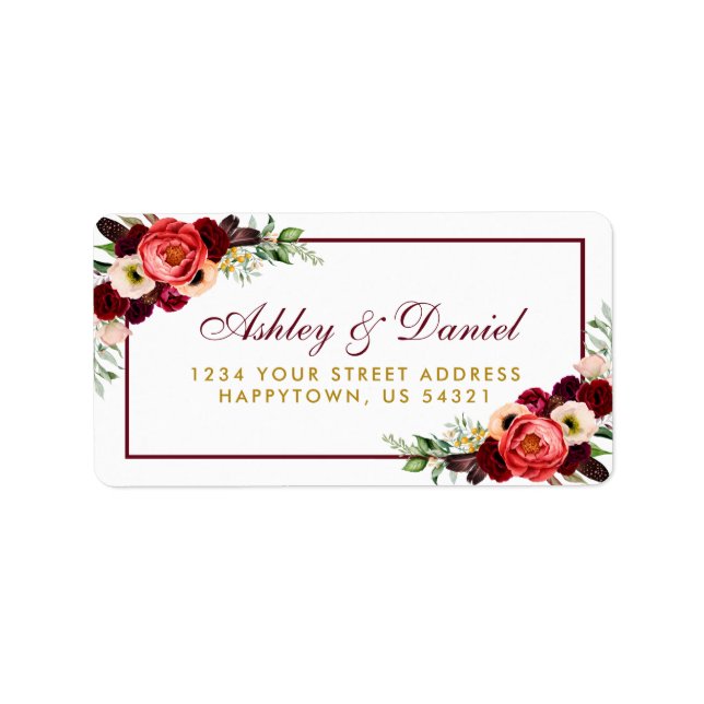 Étiquette Floral Burgundy Gold Boho Adresse Mariage (Devant)